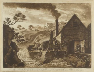 A forja de ferro perto de Dolgelli e Barmouth em Merionethshire, de doze vistas em Wales, 1776 (aquatint)